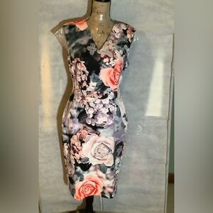 Calvin Klein, Grey, pink & white floral sleeveless shift dress. Sz 10